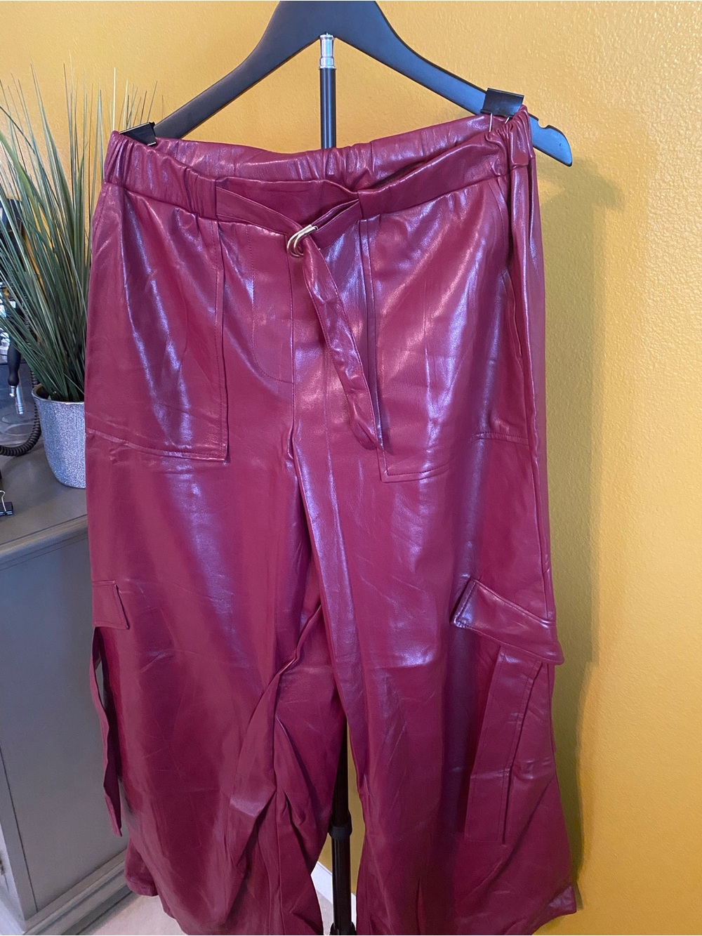 Forever 21 Wine Faux Leather Wide Leg Cargo Pants